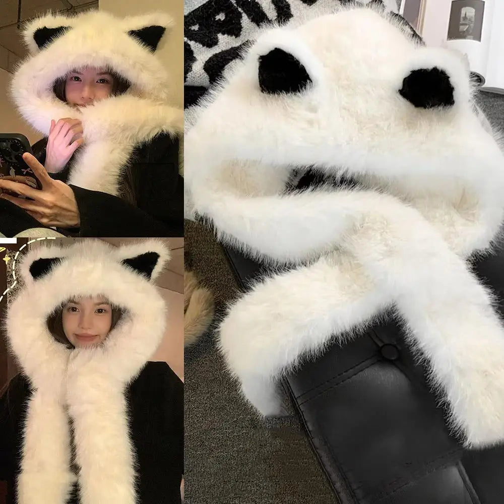 2025 New Women's Plush Fox Ear Bucket Hat Windproof Integrated Cap Scarf Trendy Cute Plush Neck Warm Hat Scarf Balaclava Hat
