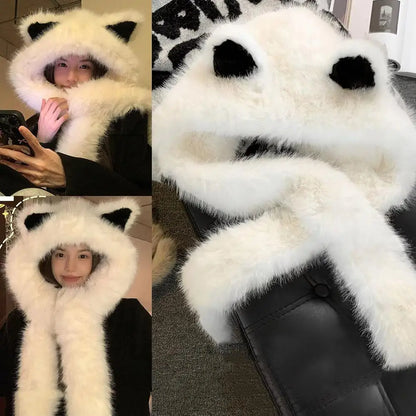 2025 New Women's Plush Fox Ear Bucket Hat Windproof Integrated Cap Scarf Trendy Cute Plush Neck Warm Hat Scarf Balaclava Hat