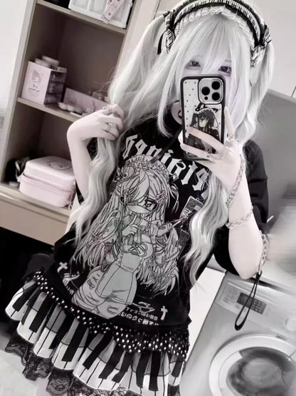 Kimutomo Women T Shirts Cartoon Printed Short Sleeve Loose Sweet Funny Y2k Aesthetic Harajuku Tops Grunge Gothic Ladies Casual