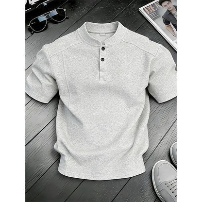White Henry Collar  Shirt Men's Summer Splice Design Short Sleeve Cleanfit Heavyweight Half Sleeve Business Casual T-Shirt