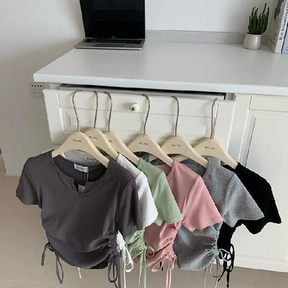 レディース アシンメトリー ドローストリング VネックTシャツ