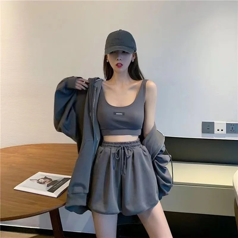 Shorts Three 3 Piece Sets Women Casual Vest Drawstring Short Hooded Zipper Jacket Sportswear Suits Y2k Streetwear Sports Hoodies