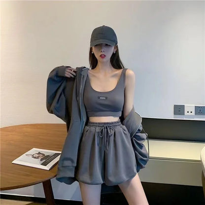 Shorts Three 3 Piece Sets Women Casual Vest Drawstring Short Hooded Zipper Jacket Sportswear Suits Y2k Streetwear Sports Hoodies