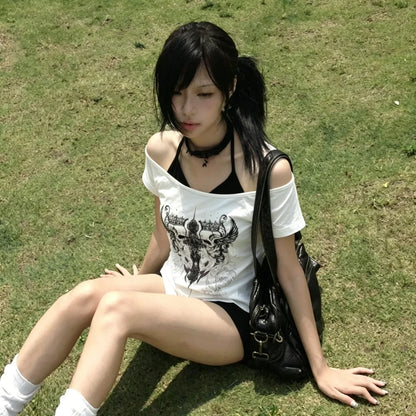 American Retro Fake Two Piece T-shirts Off Shoulder Short Sleeve Y2k Slim Fit Top Tee Skull Print Harajuku Streetwear 2026