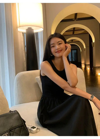 New Vintage Holiday Style Black Midi Dress Dresses for Women Clothing O Neck Office Lady Casual Pockets Women's Clothing
