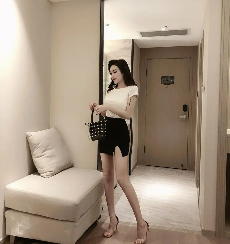 Hot Girls In Sexy Mini Women Skirts Short with Side Slit Hip Wrap Chic and Elegant Woman Skirt Korean Style Fashion High Waist