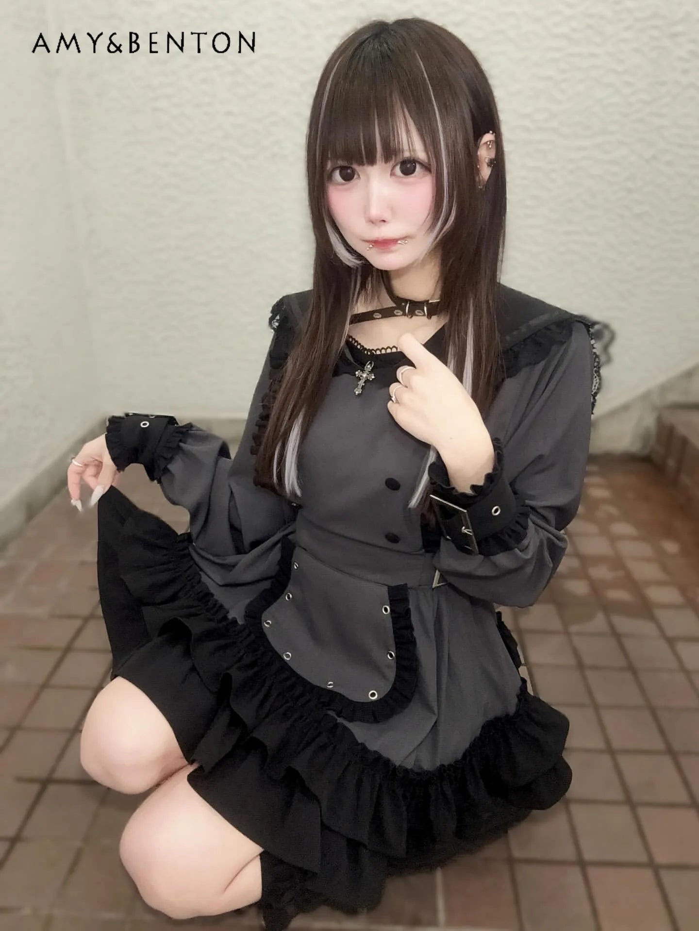 Women's Gothic Navy-Collar Maid Dress Set