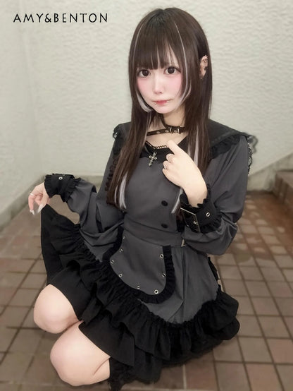 Women's Gothic Navy-Collar Maid Dress Set