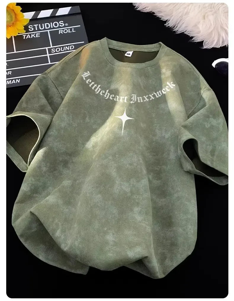 American Style Dyed Short Sleeve T-Shirt Men's Summer Ice Silk Retro Trendy Loose Sorona Body Fit Camouflage Crew Neck T-Shirt