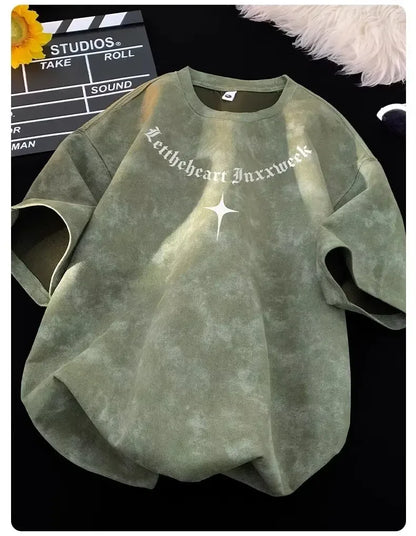 American Style Dyed Short Sleeve T-Shirt Men's Summer Ice Silk Retro Trendy Loose Sorona Body Fit Camouflage Crew Neck T-Shirt