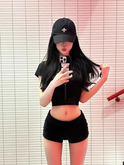 Spicy Short Sleeve Cotton T-Shirt Women's Summer Slim Fit Black Printed Top Korean Style Commute Fashion Belly Button Outfit