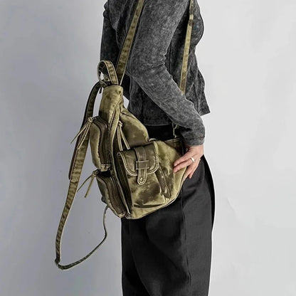 Annmouler Designer Backpacks for Women Soft Washed Letaher Sling Chest Bag Vintage Multi-pockets Punk Style Small Bag