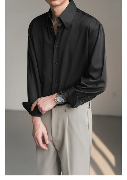 Black White Shirt Men Fashion Social Mens Dress Shirt Korean Loose Long Sleeved Shirt Mens Office Formal Shirts Ice Silk M-2XL