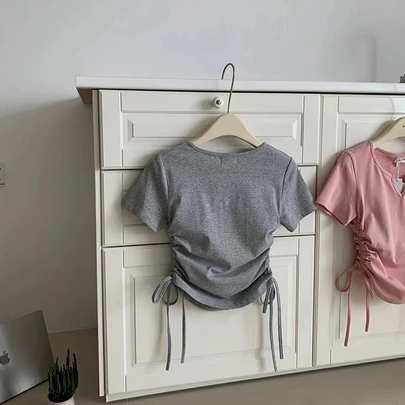 レディース アシンメトリー ドローストリング VネックTシャツ