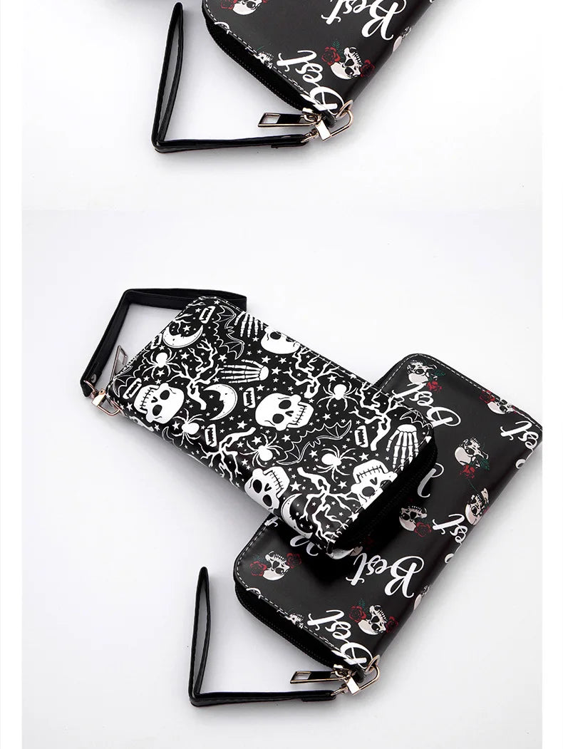 New Punk Style Skull Wallet Black Gothic Pu Leather Women Men Wallet Ghost Printing Purse Unique Design Stylish Long Wallets