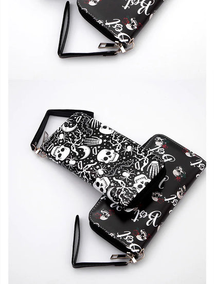 New Punk Style Skull Wallet Black Gothic Pu Leather Women Men Wallet Ghost Printing Purse Unique Design Stylish Long Wallets