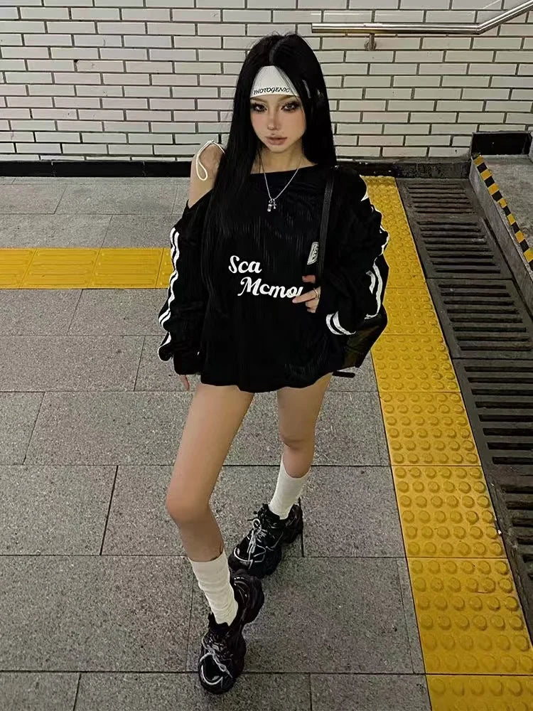 Spring and winter new American oblique shoulder long sleeve printed letter hoodie loose casual spice girls shirt T-shirt women