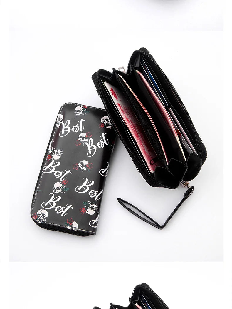 New Punk Style Skull Wallet Black Gothic Pu Leather Women Men Wallet Ghost Printing Purse Unique Design Stylish Long Wallets