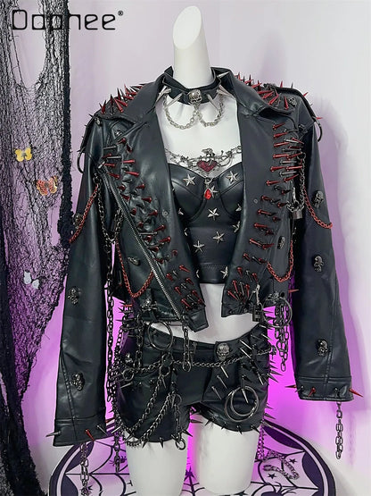 Women's Y2K Rivet Chain PU Leather Jacket
