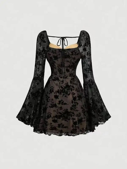 Sexy Womens Dress Temperament Embroidered Slim Fashion Elegant Evening Gown Long Sleeve Lace Strappy High Waist A-Line Vestido