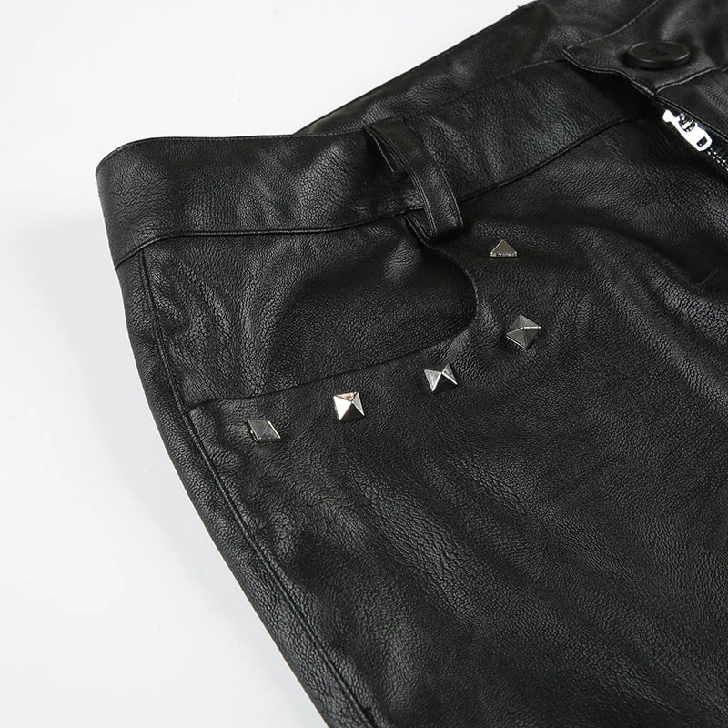 2025 Autumn Winter Women's PU Pants Low Rise Goblin Core Faux Leather Trousers Bell Bottom Gothic Japanese Y2k Stretch 2000s New