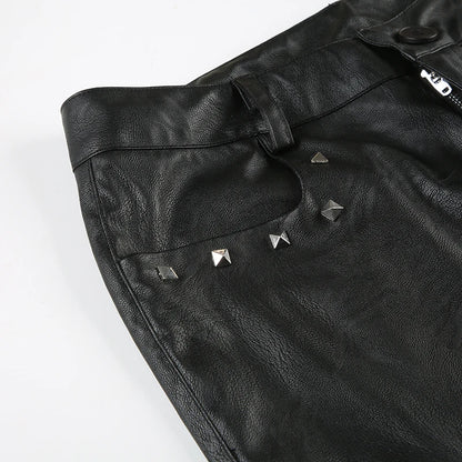 2025 Autumn Winter Women's PU Pants Low Rise Goblin Core Faux Leather Trousers Bell Bottom Gothic Japanese Y2k Stretch 2000s New