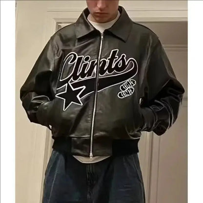 Retro Y2K Jacket, American Streetwear Trendy PU Leather Jacket, Black Thick Loose Zip-Up Jacket for Men