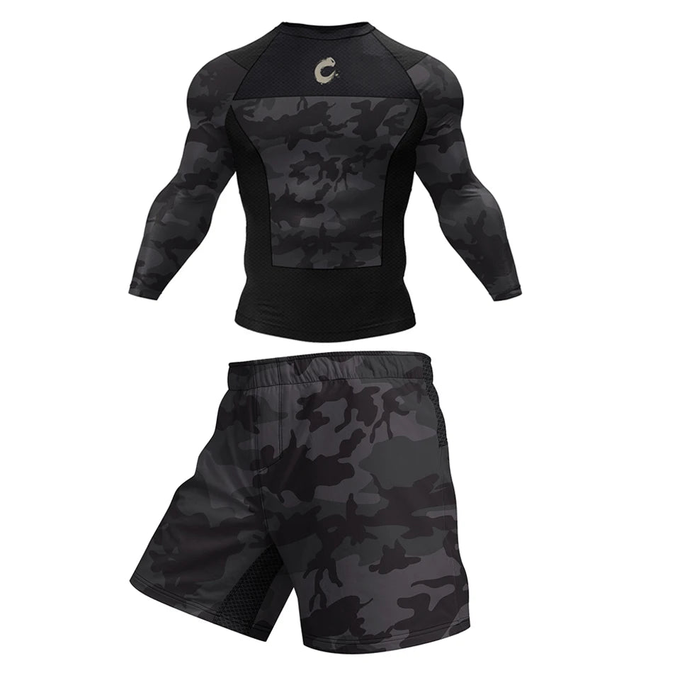 Apex Ritual – 黒 ノーギ BJJ 柔術 Tシャツ & MMA ショーツセット – ラッシュガード & コンプレッションウェア