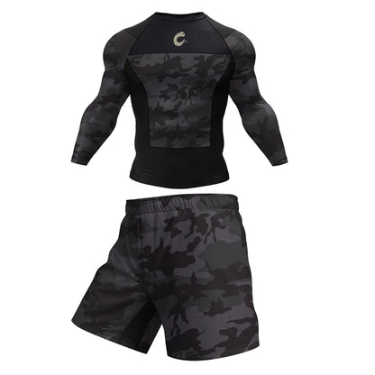 Apex Ritual – 黒 ノーギ BJJ 柔術 Tシャツ & MMA ショーツセット – ラッシュガード & コンプレッションウェア