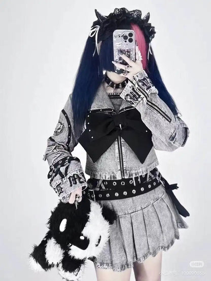 Women's Punk Navy-Collar Skirt Set