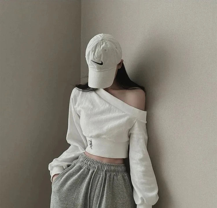Slim Fit Long Sleeve Hoodie Women's Style Irregular Collar Show Shoulder Waist Cinching Short Length Commute Fashion  Color