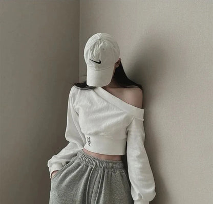 Slim Fit Long Sleeve Hoodie Women's Style Irregular Collar Show Shoulder Waist Cinching Short Length Commute Fashion  Color