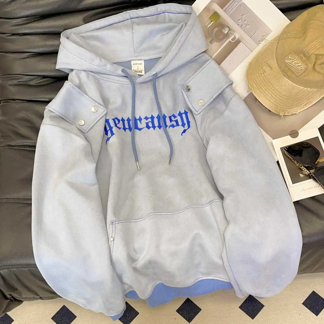 Stylish Oversized Patchwork Embroidered Sweatshirt Trendy Streetwear Black Splicing Loose Outerwear for Young Women
