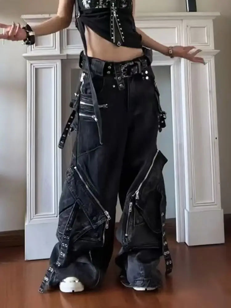 Black Gothic Punk Multi-Pocket Zipper Black Jeans Men And Women Y2K American Baggy Fashion Vintage Casual Loose Wide-Leg Jeans