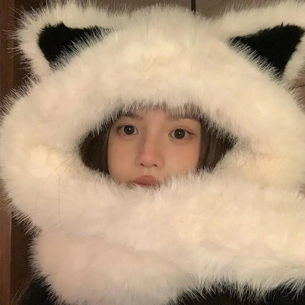 2025 New Women's Plush Fox Ear Bucket Hat Windproof Integrated Cap Scarf Trendy Cute Plush Neck Warm Hat Scarf Balaclava Hat