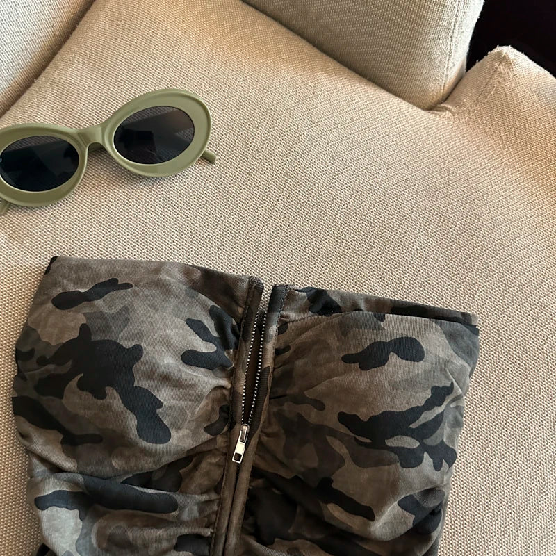 Sexy American Girl Camouflage Print Tube Top Vest Women's Summer Zipper Open Cardigan Shoulder Bared Short Style Top