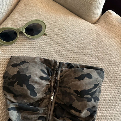 Sexy American Girl Camouflage Print Tube Top Vest Women's Summer Zipper Open Cardigan Shoulder Bared Short Style Top