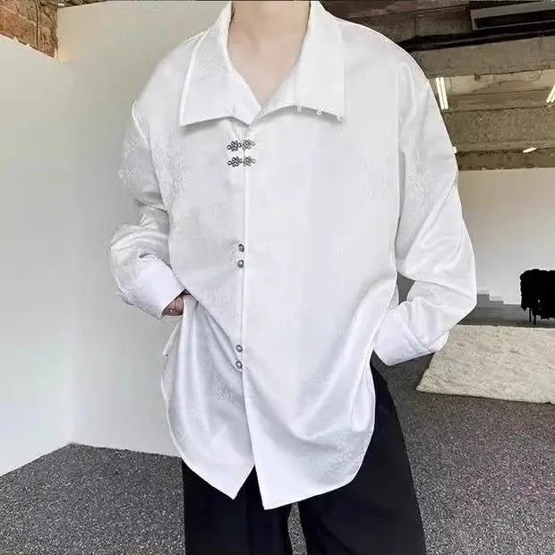 Style National Style Satin Irregular Dark Pattern Stand Collar Trendy Retro Metal Plate Button Long-sleeved Shirt for Men Women