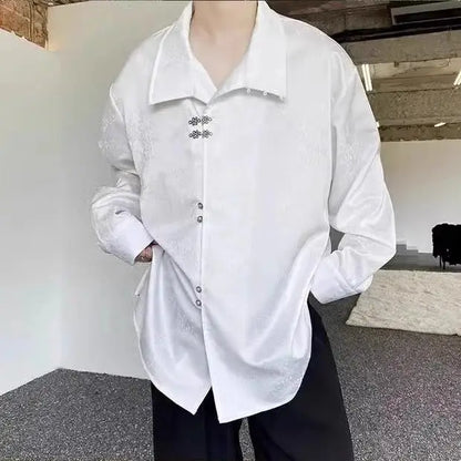 Style National Style Satin Irregular Dark Pattern Stand Collar Trendy Retro Metal Plate Button Long-sleeved Shirt for Men Women