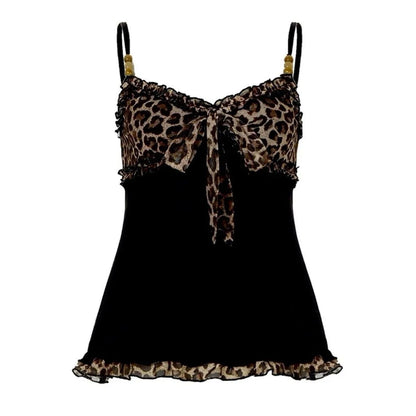 2000s American Vintage Sexy Leopard Camis Y2k Harajuku Slim Lace Patchwork Tanks Summer Streetwear Beach Party Sleeveless Tops