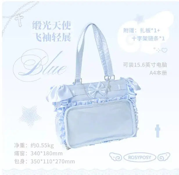 Japanese New Girls Silver Shoulder Bag Large Capacity Ribbon Itabag Student Women's Satin Messenger Bag Leather Backpacks