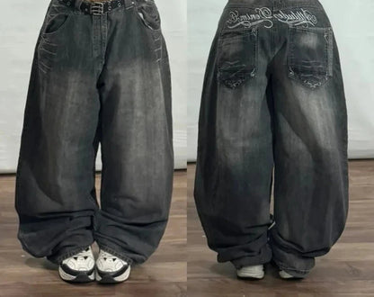 Harajuku Vintage Hip-hop Pop Letters Embroidered Washed Baggy Jeans Ladies Y2K Gothic Fashion Casual High Waist Wide Leg Pants