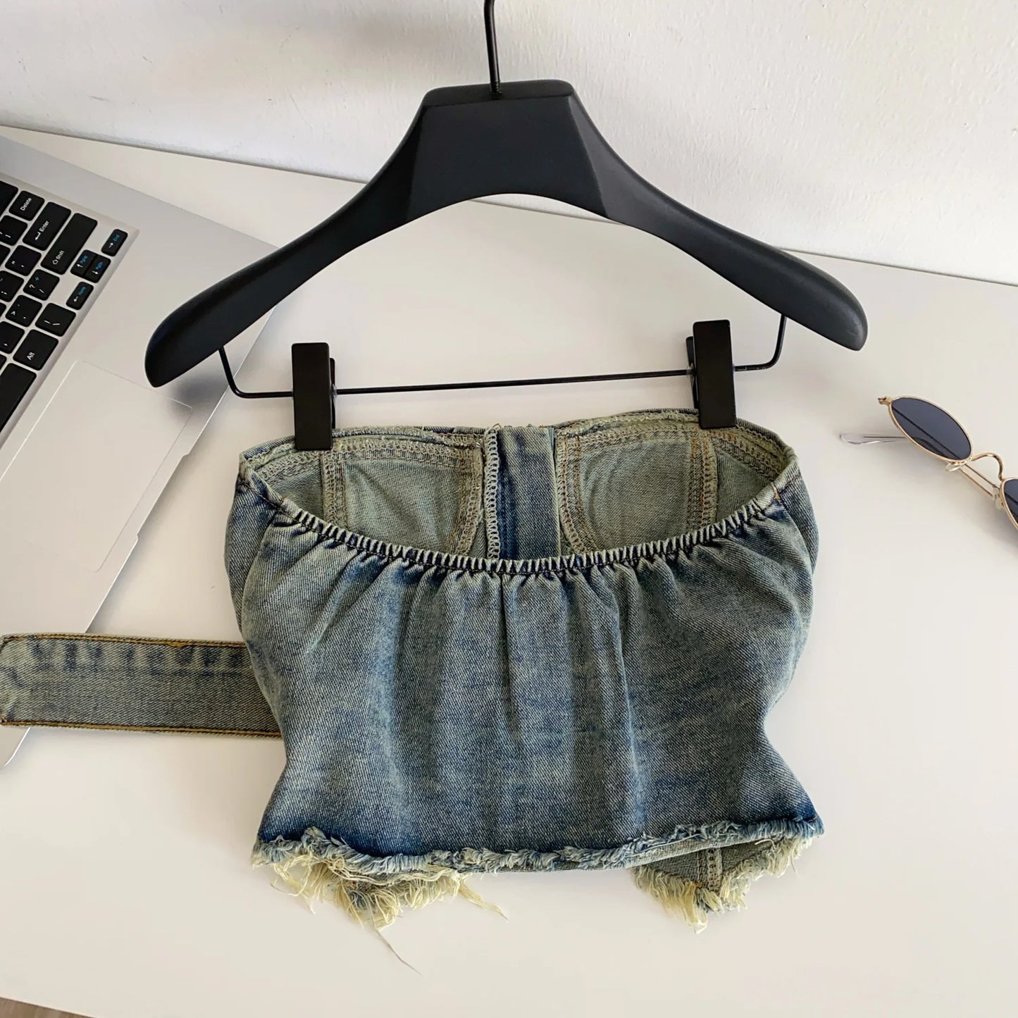 SINGREINY Vintage Denim Strapless Camis Backless Irregular Raw Hem Slim Distressed Crop Top Ladies Sashes Sexy Club Lingerie Top
