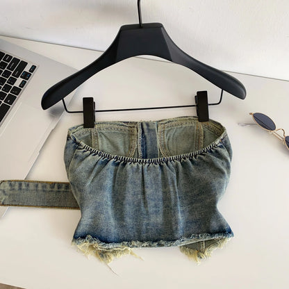 SINGREINY Vintage Denim Strapless Camis Backless Irregular Raw Hem Slim Distressed Crop Top Ladies Sashes Sexy Club Lingerie Top