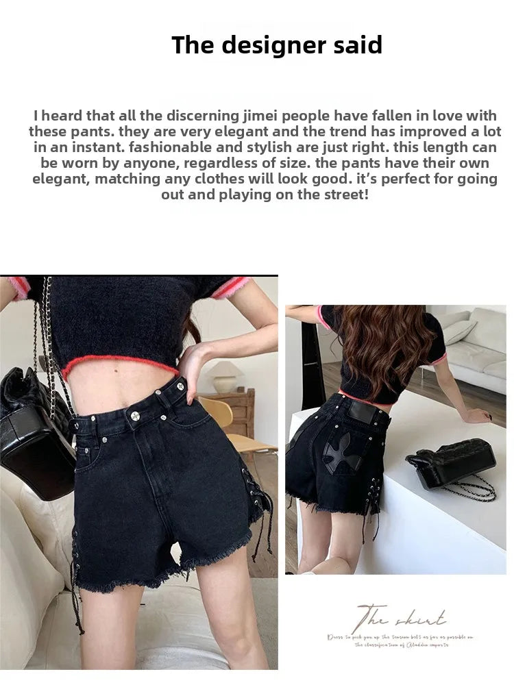 High Waist plus Size Slimming A-Line Wide Leg Super Short Hot Girl Denim Shorts Women's Summer Trendy Black Jeans  Skirt