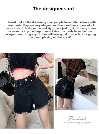 High Waist plus Size Slimming A-Line Wide Leg Super Short Hot Girl Denim Shorts Women's Summer Trendy Black Jeans  Skirt