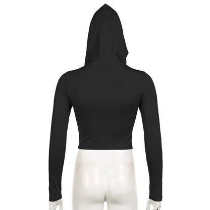 Women's Hooded Crop Tops Autumn Solid Color Long Sleeve Cowl Neck Slim Fit Short T-Shirt Streetwear Sporty Basics Tees