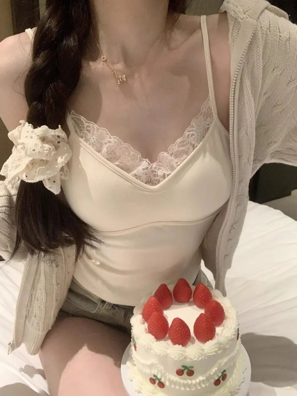 Lace Tank Top Women Cute Camis Sexy White Cropped Camisole Female Korean Sleeveless Black Vest Summer 2025 Coquette Y2k Clothes