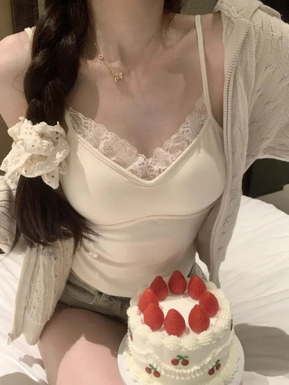 Lace Tank Top Women Cute Camis Sexy White Cropped Camisole Female Korean Sleeveless Black Vest Summer 2025 Coquette Y2k Clothes