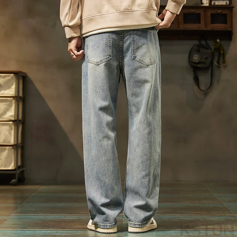 KSTUN Light Blue Baggy Pant Men Wide Leg Jeans Loose Straight Casaul Streetwear Vintage Men's Trousers 100% Cotton Large Size 40